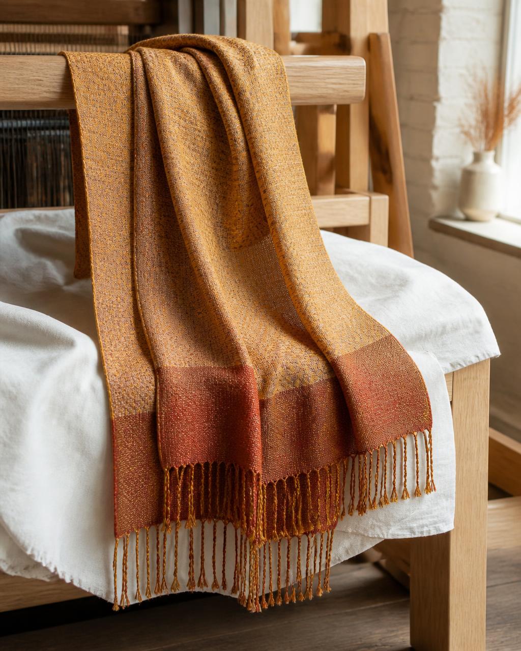 Hand-woven ochre and rust scarf in a New York textile studio
