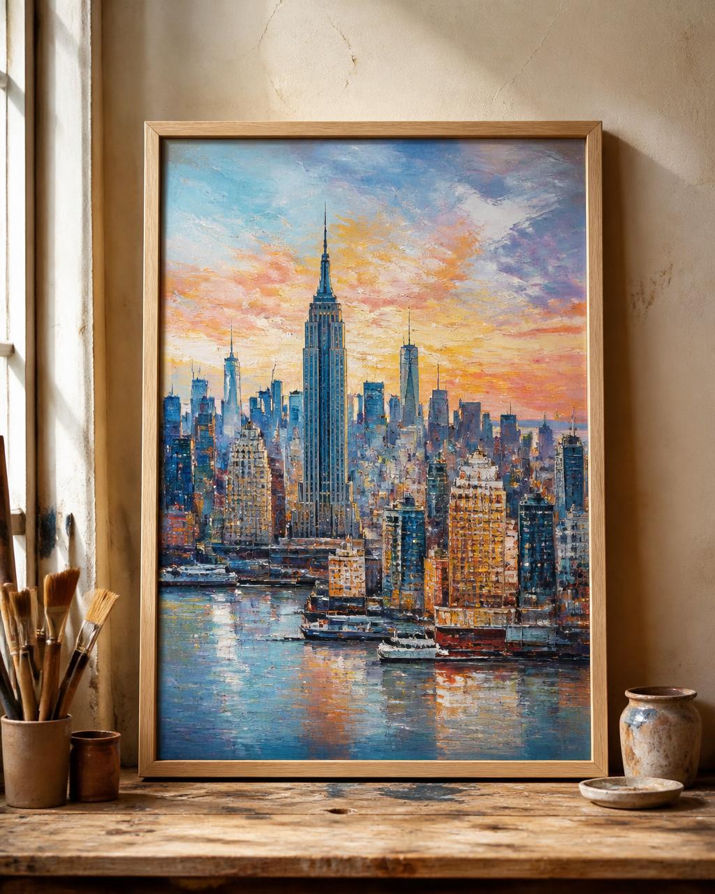 Framed New York skyline painting in an artist studio